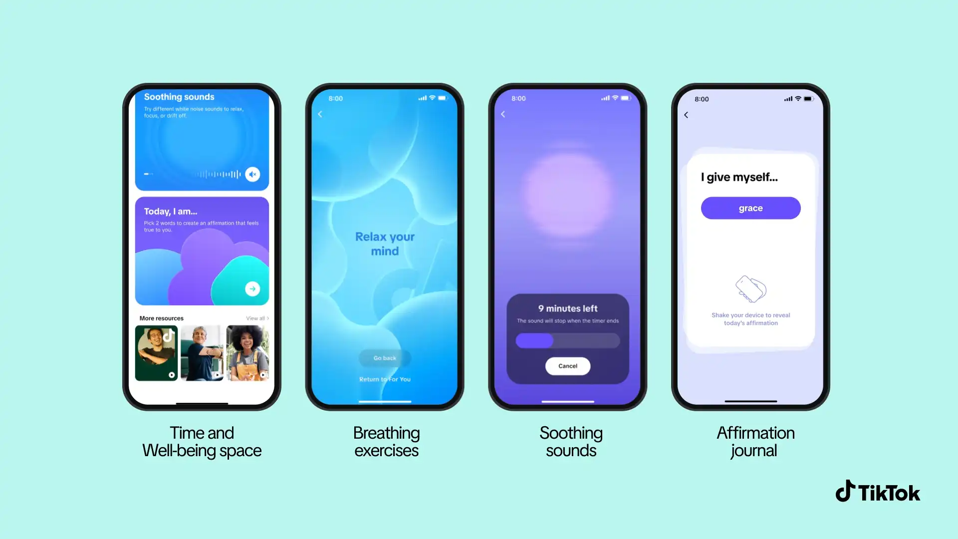 TikTok's new ambient wellness suite featuring white noise, breathing exercises, and daily affirmations to reduce scrolling anxiety. Source: TikTok Newsroom