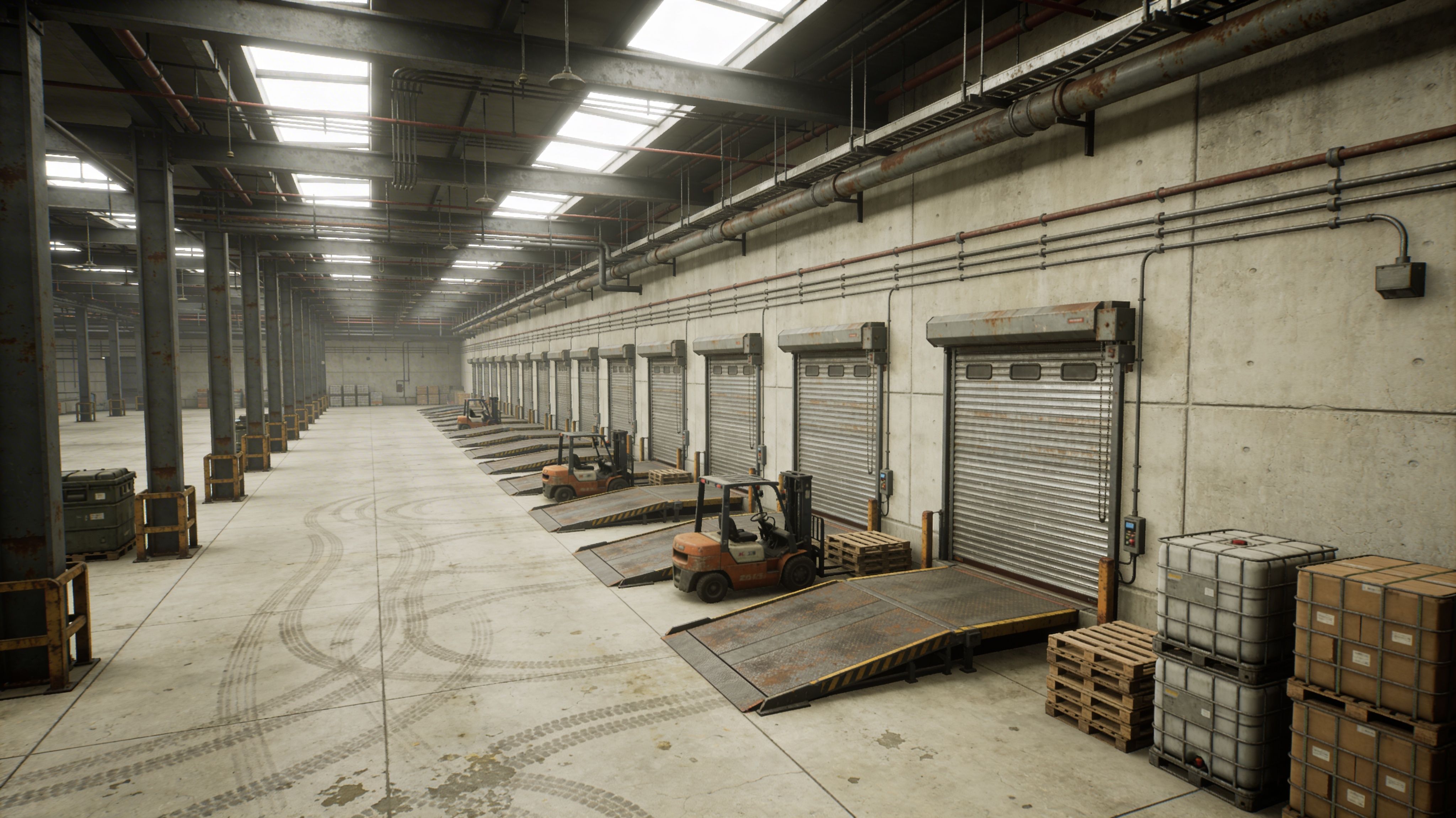 Industrial warehouse interior with multiple loading docks and forklifts, spacious logistics facility