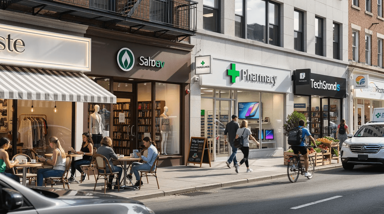 The image depicts a bustling commercial street lined with various storefronts and restaurants, showcasing different business types that could represent successful franchises. This vibrant scene illustrates the perfect opportunity for aspiring business owners to explore franchise opportunities and become successful entrepreneurs in their community.