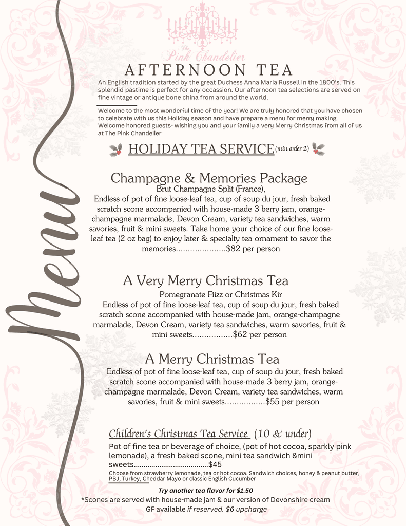 Afternoon Tea Menu at The Pink Chandelier