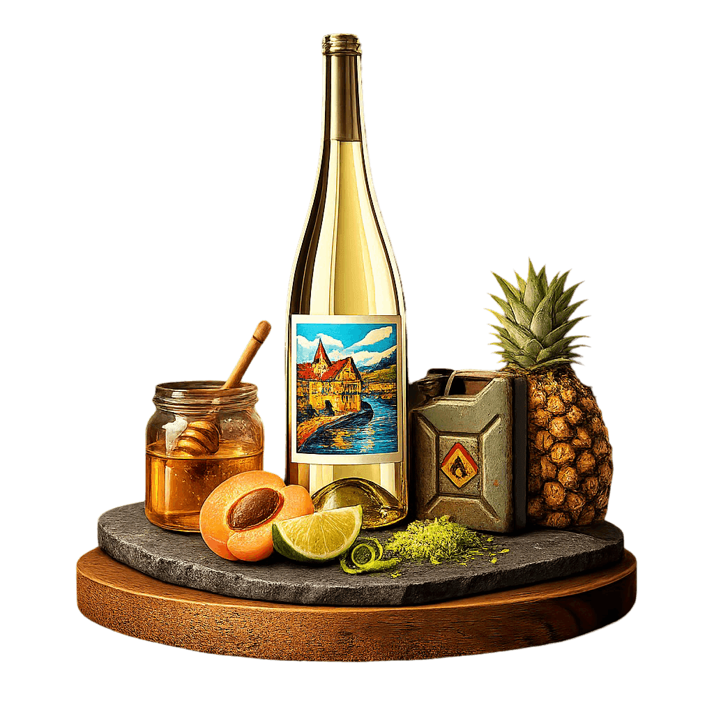 Artistic label and flavor profile for German Riesling Spätlese on a rustic wooden table.