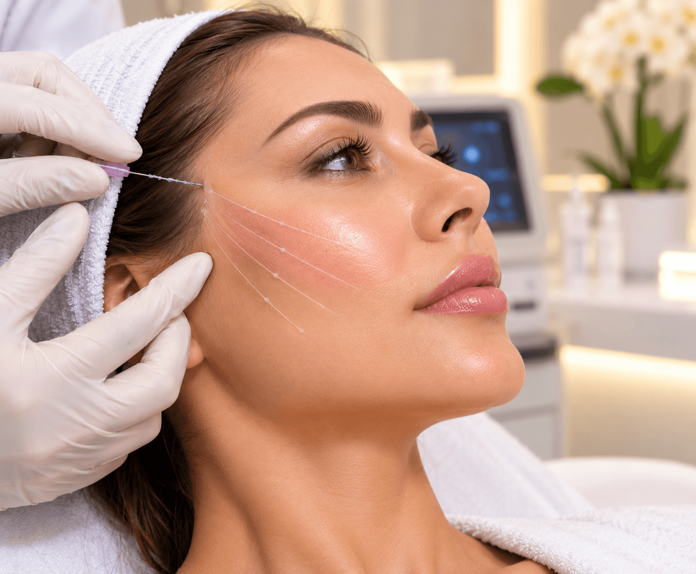 Practitioner placing fine threads along a woman's cheek during a thread lift