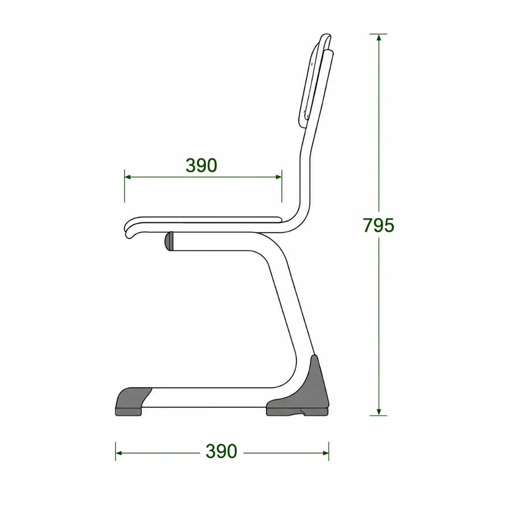 Classic school chair side view with seat depth and height dimensions