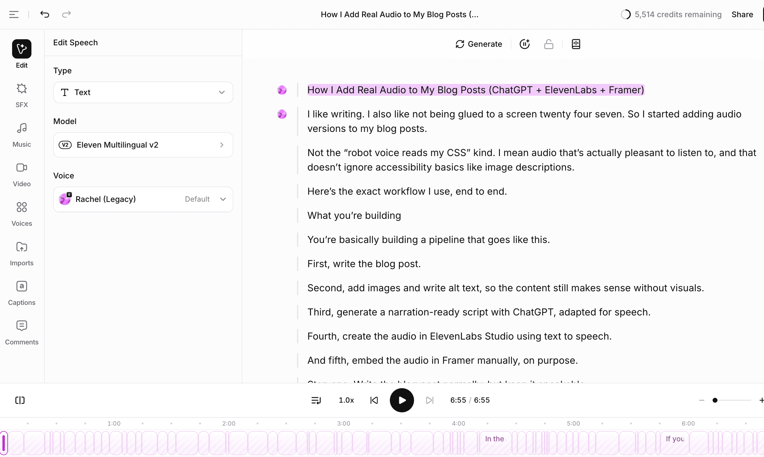 ElevenLabs Studio editor showing the text script for “How I Add Real Audio to My Blog Posts,” with the voice set to Rachel (Legacy) and an audio timeline/player at the bottom.