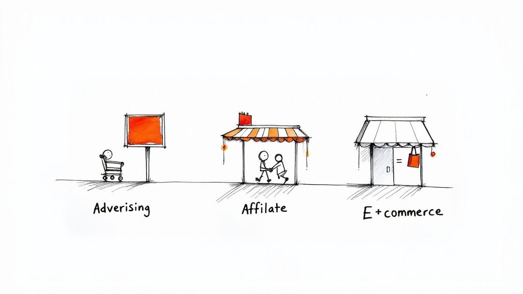Hand-drawn illustration showing three online business models: advertising, affiliate marketing, and e-commerce.