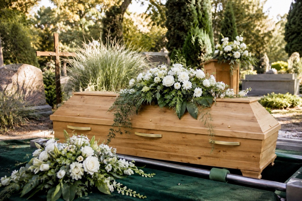 Holzsarg mit weißem Blumenschmuck bei einer Erdbestattung