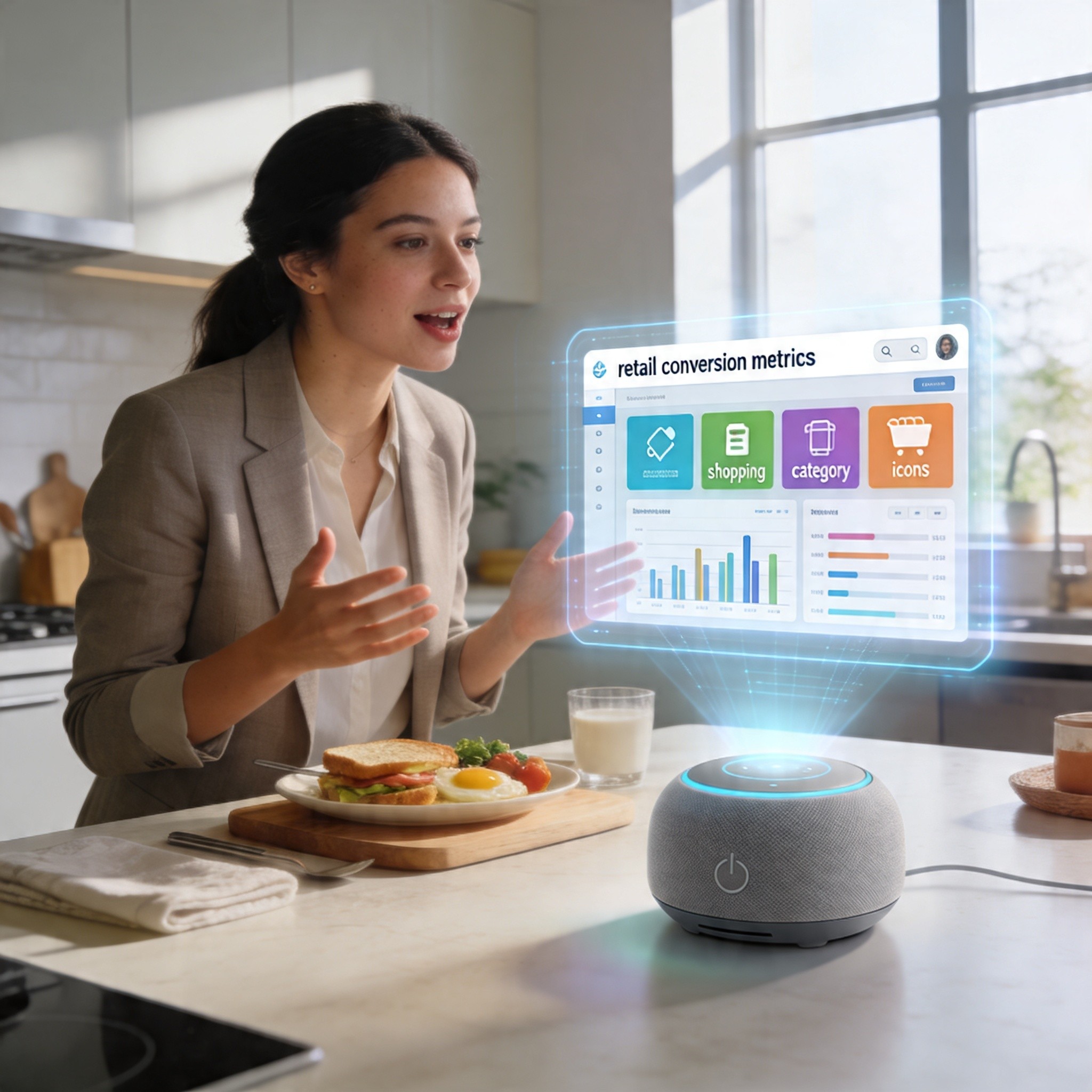 Consumidor interagindo com assistente de voz para compras online via busca por voz no SEO