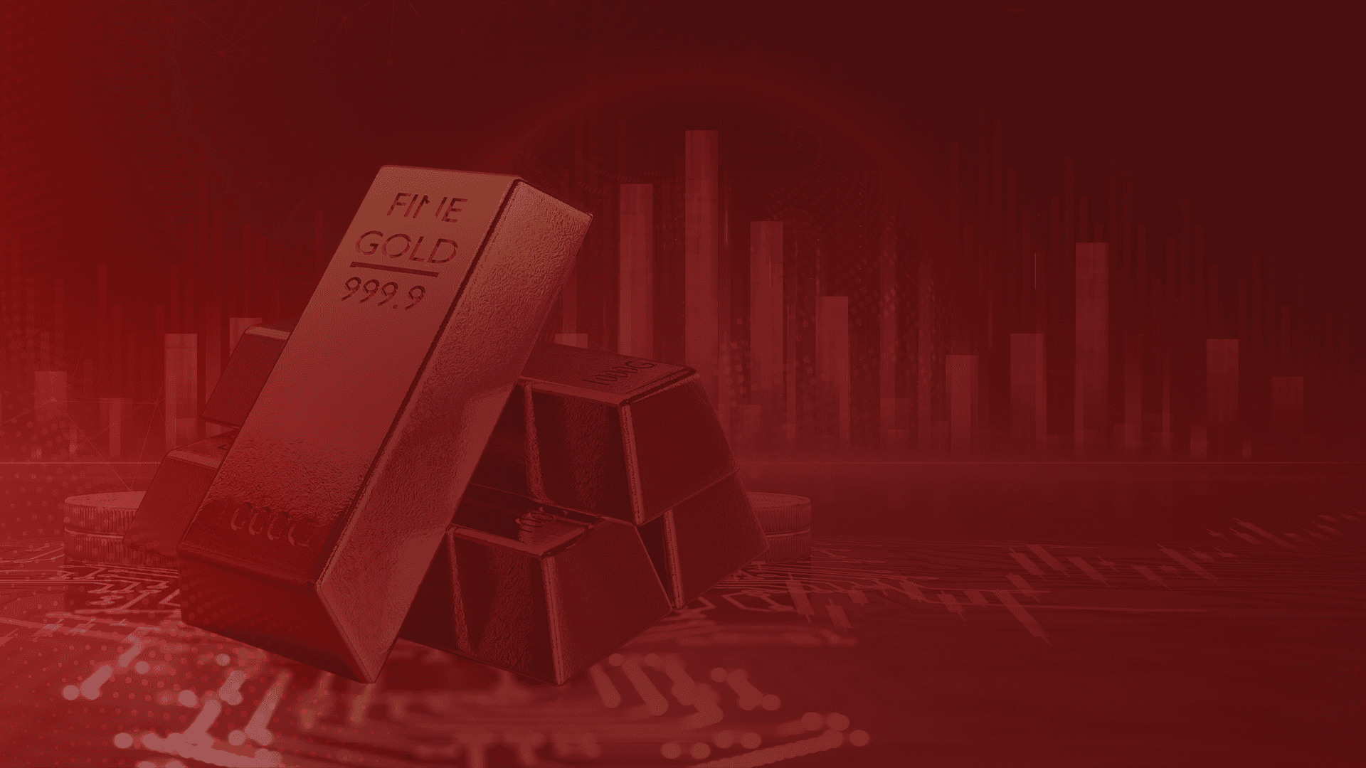 Gold bars on a red background with a bar graph, representing the AI trading market and the gold trading news. 