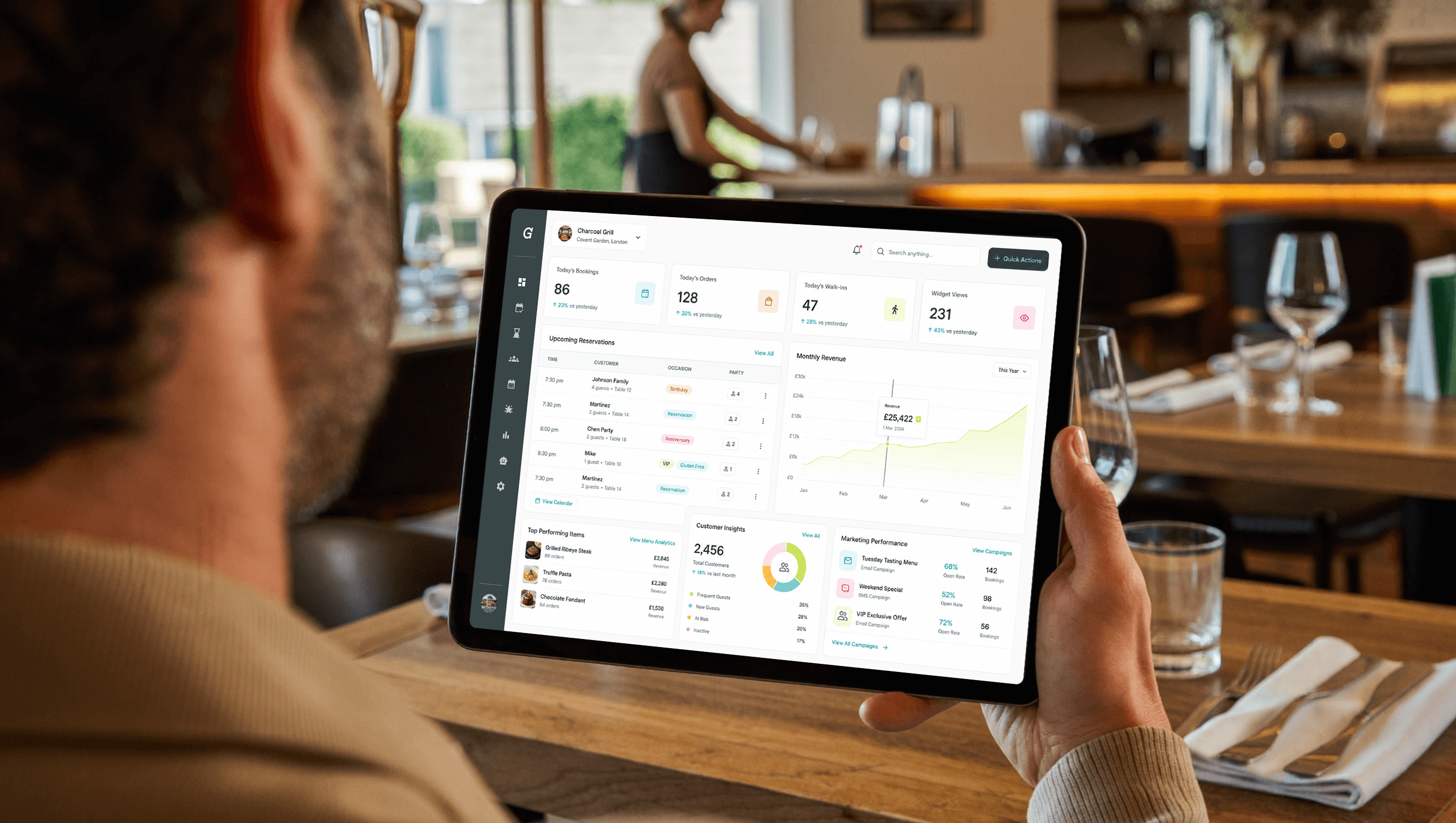 Person holding a tablet at a restaurant table showing Growtality's dashboard with today's bookings, orders, walk-ins, monthly revenue, and marketing performance