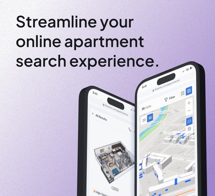 Two cell phones with the Spaces product and the tagline "Streamline your online apartment search experience." 