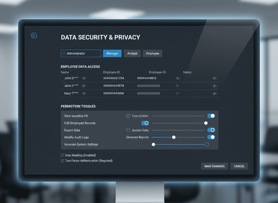 “HR data security and privacy settings screen showing role-based access control and masked employee information.”