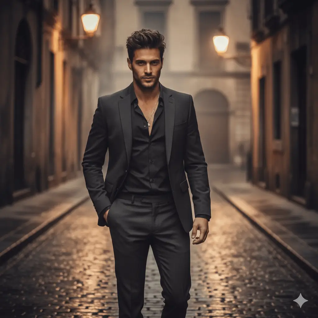 AI-generated professional male portrait in urban alley setting, handsome man wearing all-black formal suit walking through European-style narrow street with warm golden lighting atmosphere by Mahendra