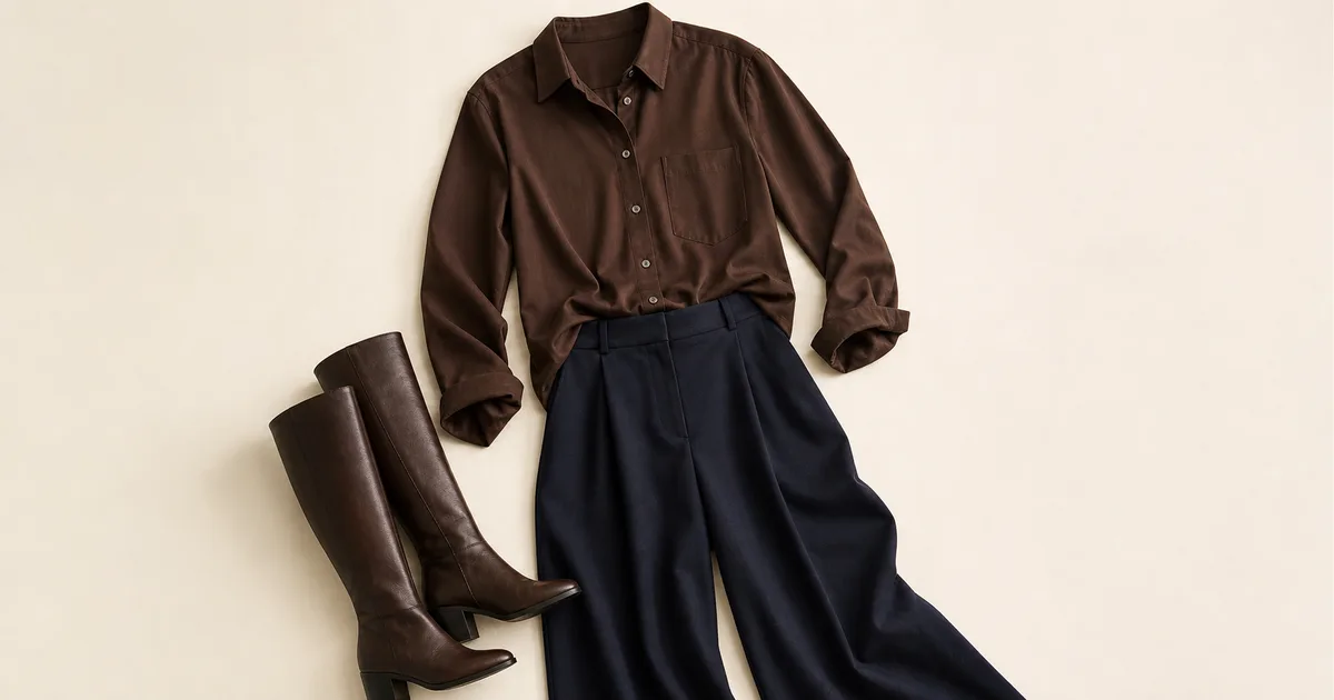 Terracotta shirt shown with cream and olive green clothing