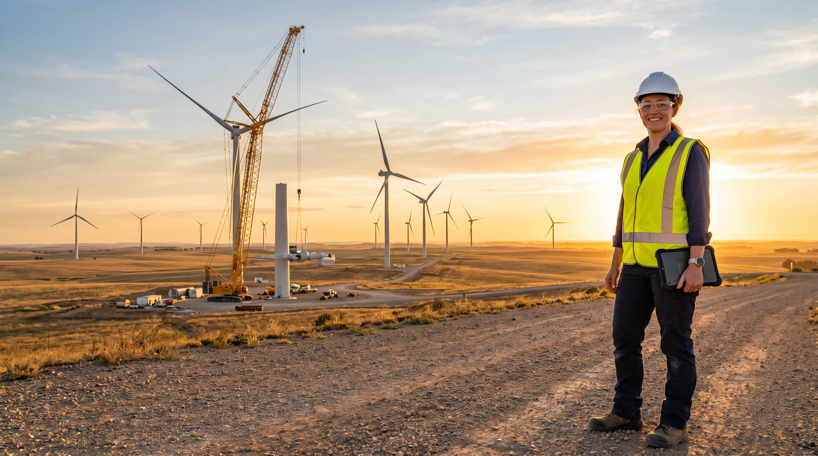 Engineer in safety gear standing beside solar panels at sunset on a solar farm site.