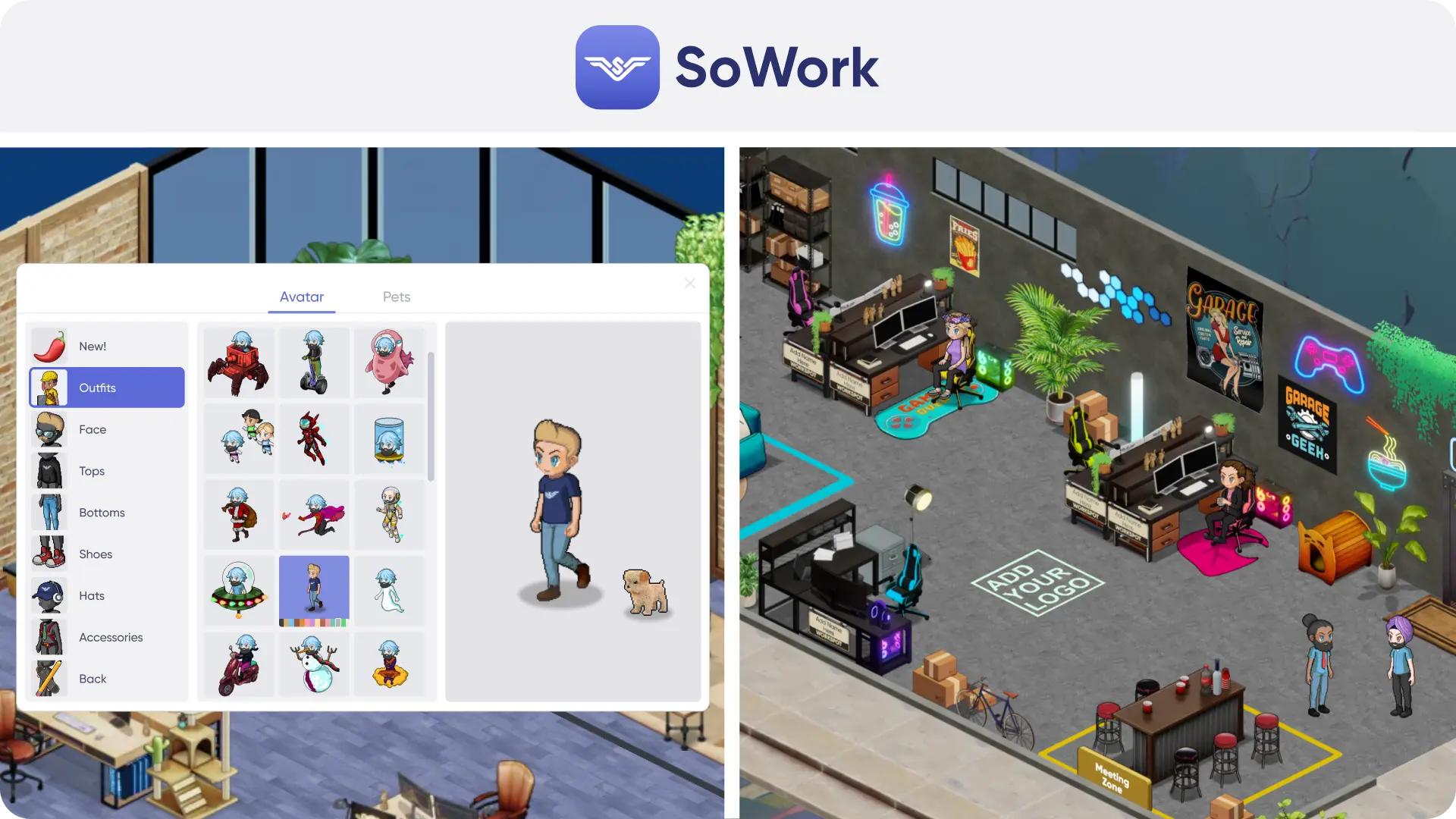 Detailed view of SoWork’s avatar creator and immersive office builder, highlighting unique character accessories and branded virtual workspace environments for remote teams.