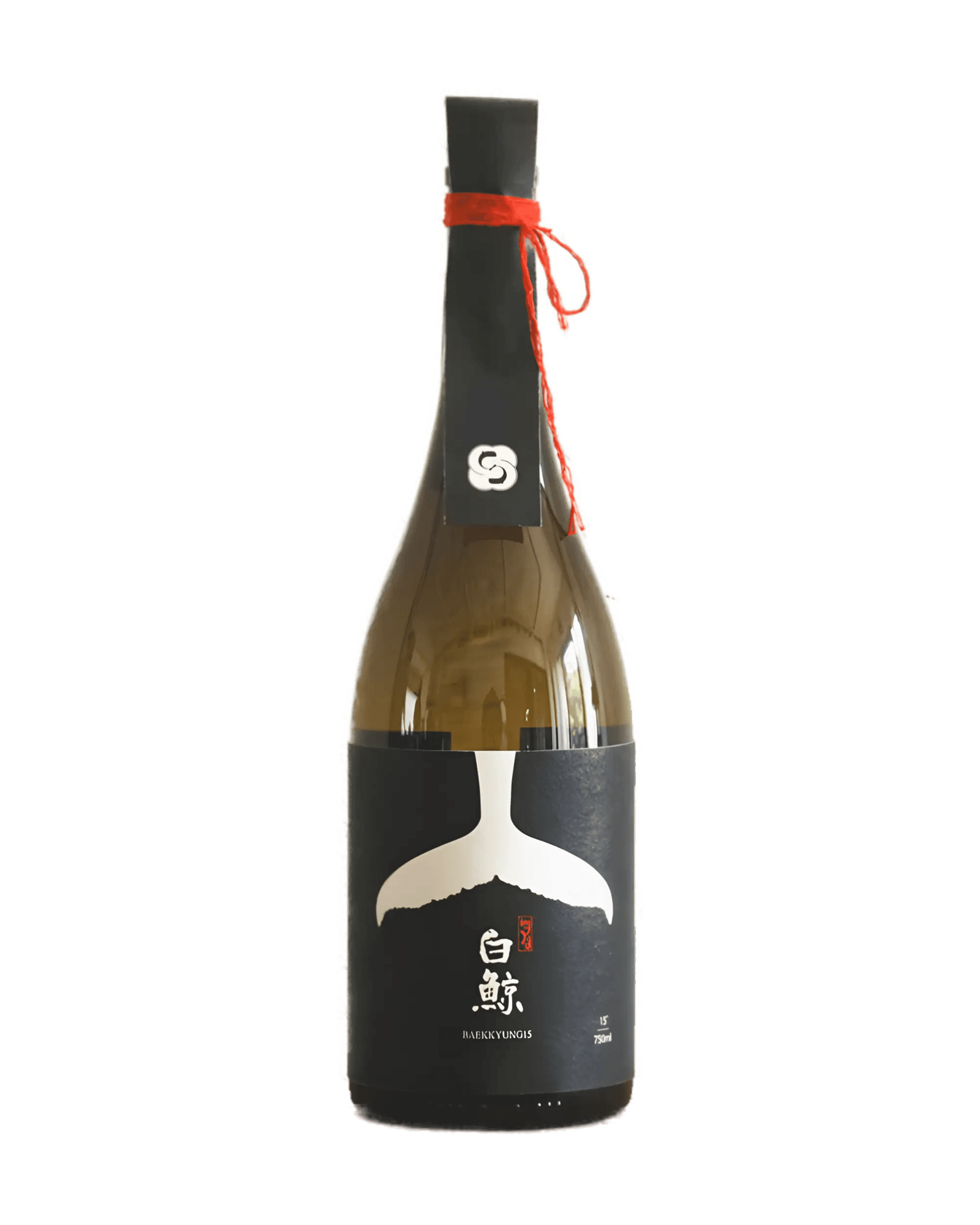 A bottle of premium Korean rice wine featuring a black label with a white whale tail graphic and red accents, set against a plain white background. Baekkyung 15 Premium - yakju - cult