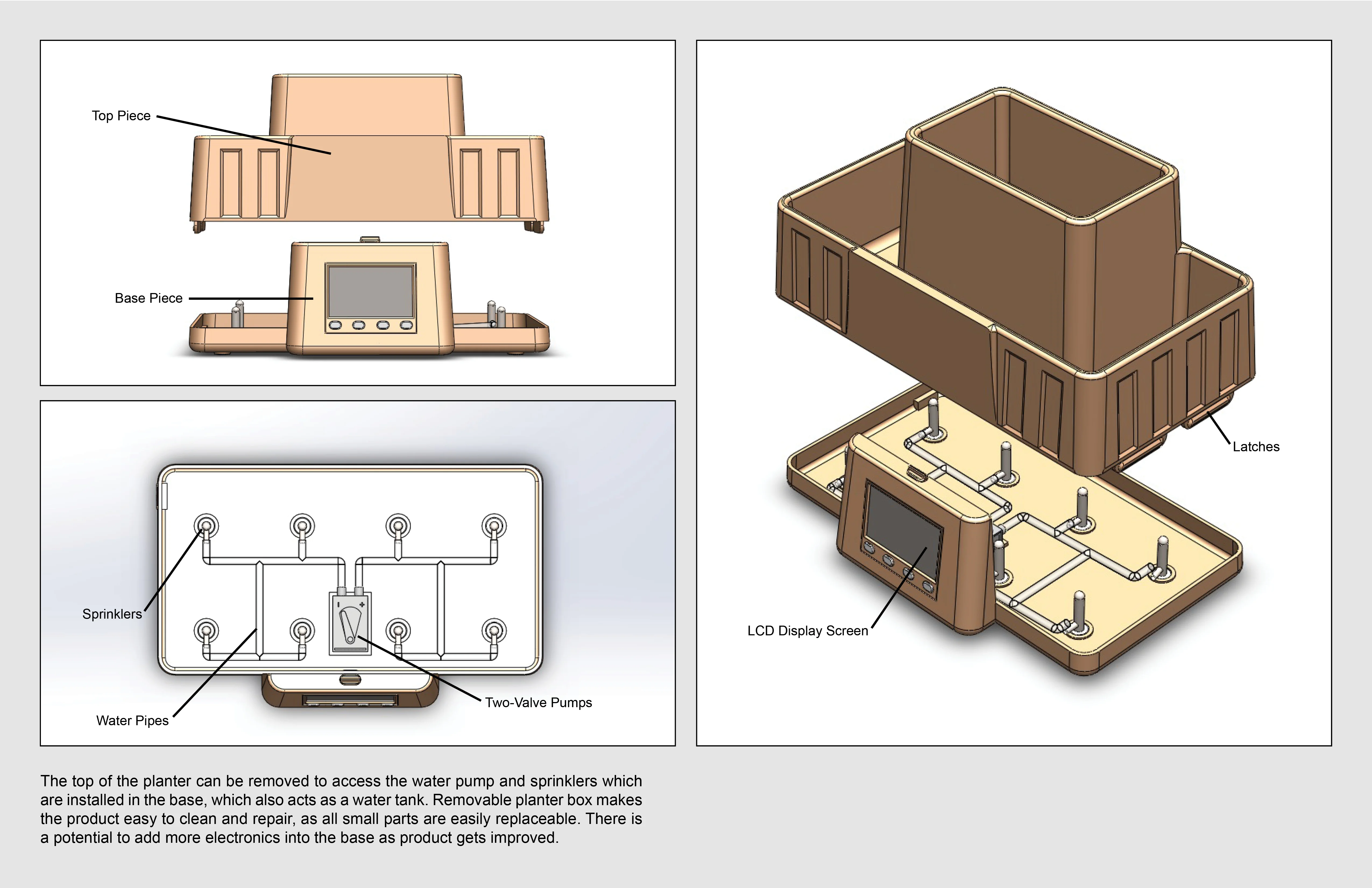 Exploded view of the planter, featuring the inner components.