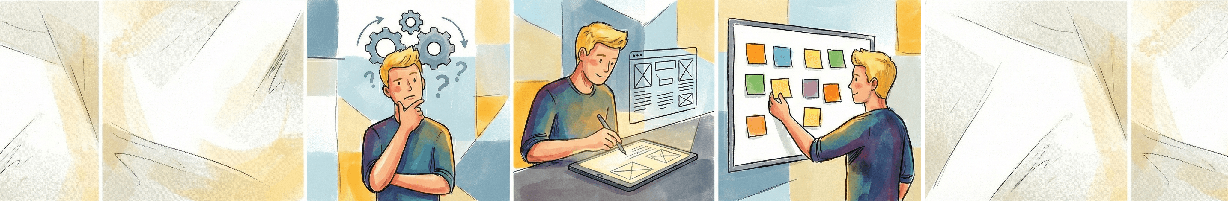 Comic strip representing Alex thinking, diagramming, and Kanban planning