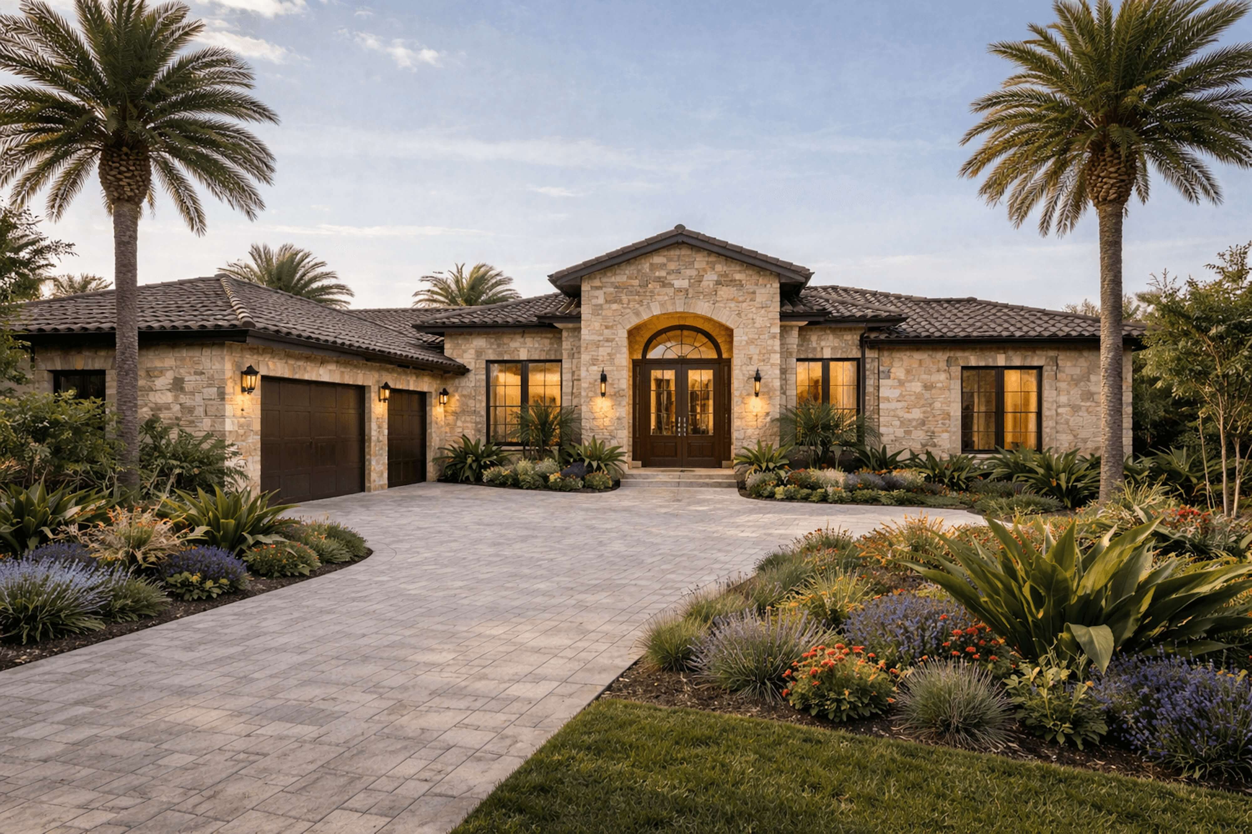 Open-concept living space with soft neutral furnishings, sculptural seating, and expansive outdoor views through retractable walls.