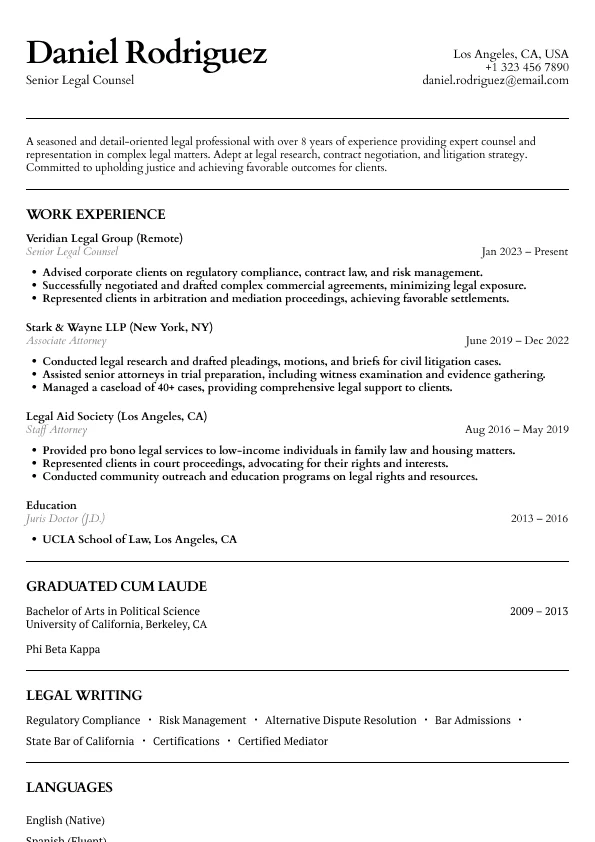 Classic legal resume template with structured sections, clear hierarchy, and professional formatting