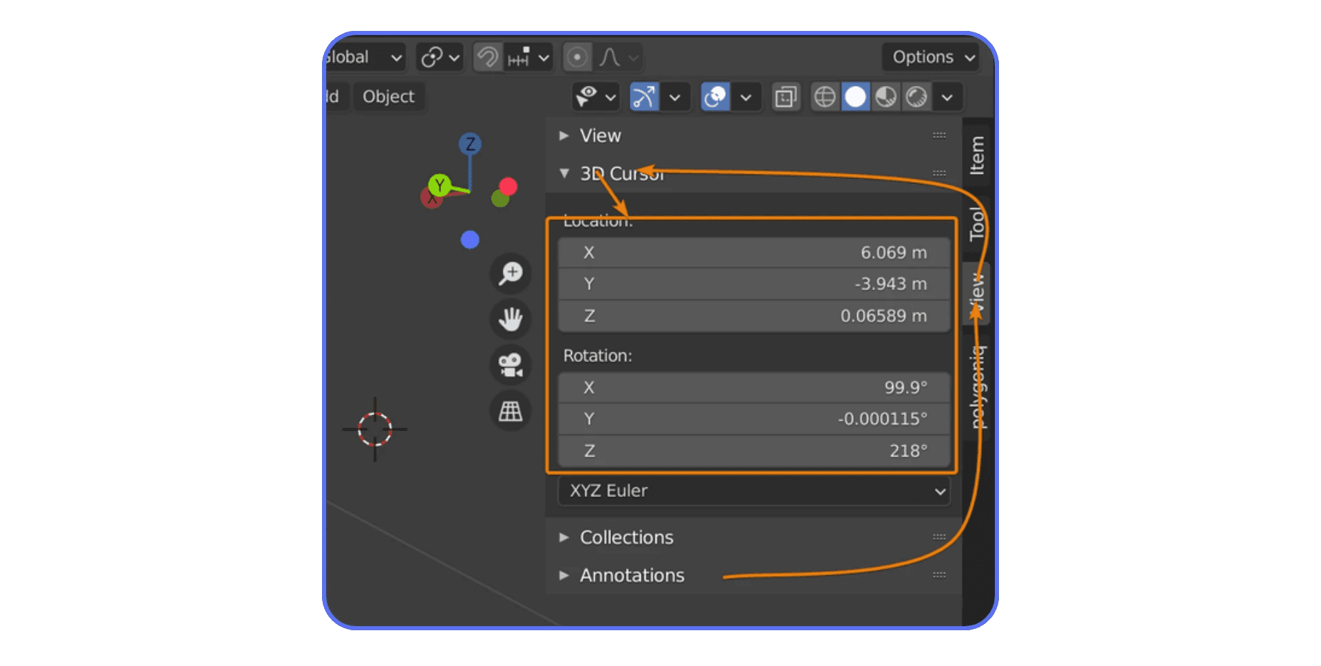 Blender Sidebar showing 3D Cursor location and rotation values