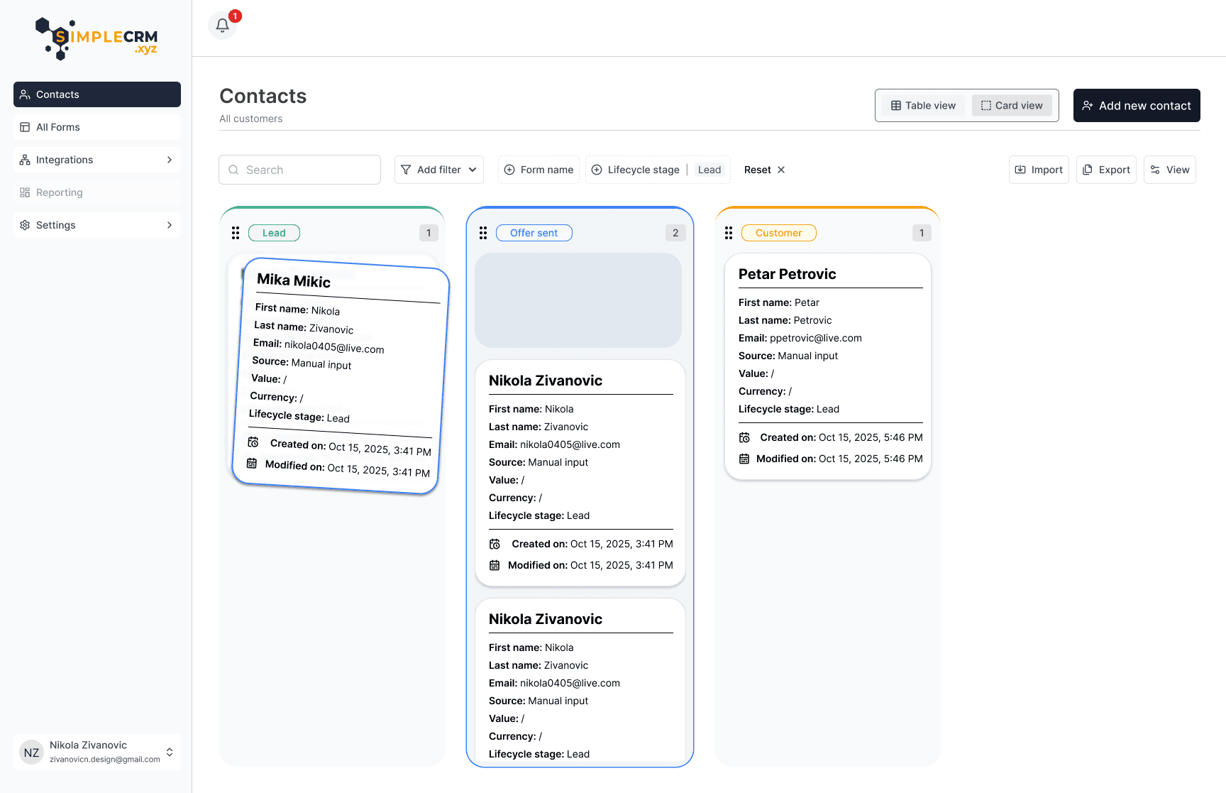 Kanban stranica kontakta Simple CRM aplikacije