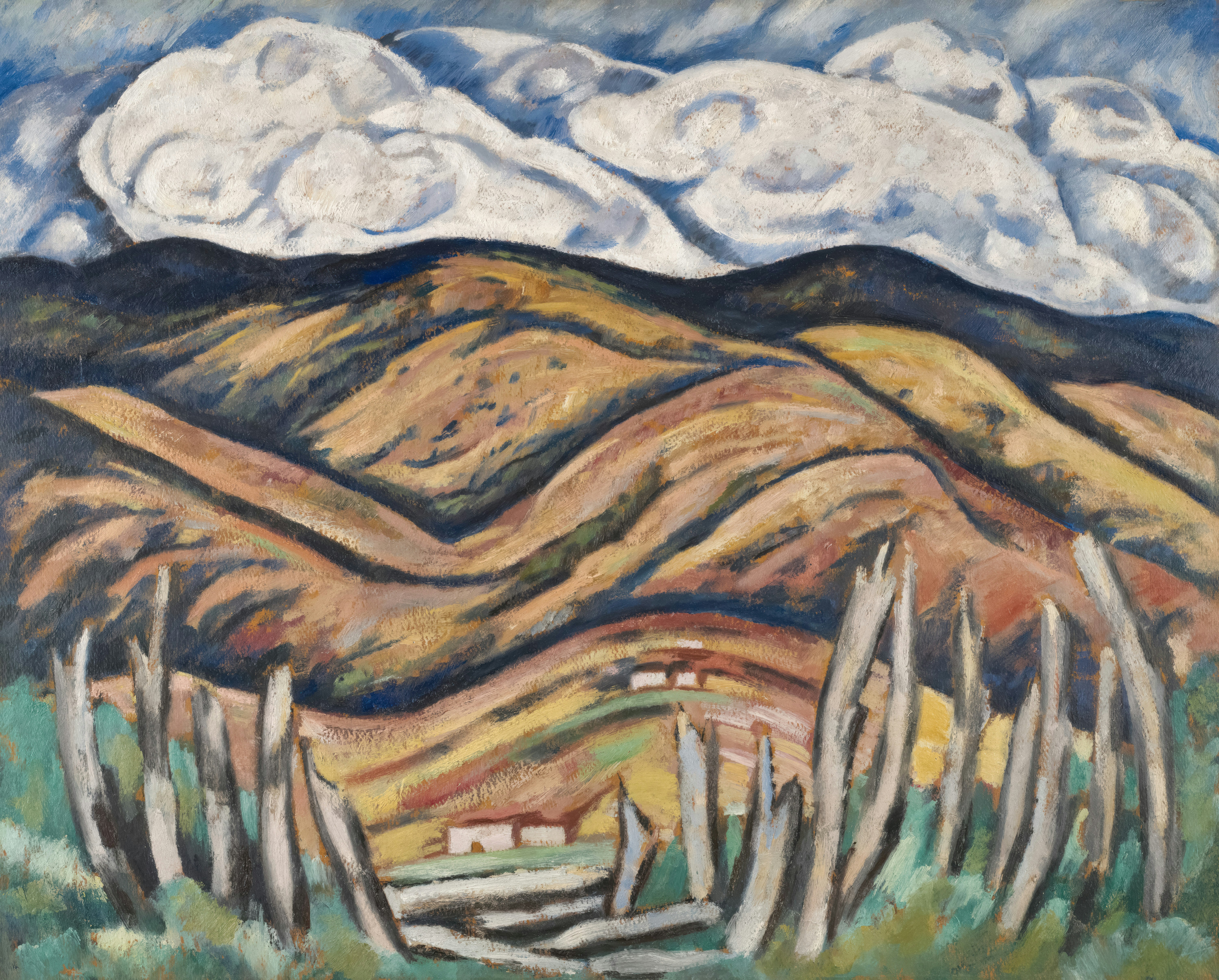 a painting of a landscape with mountains and clouds