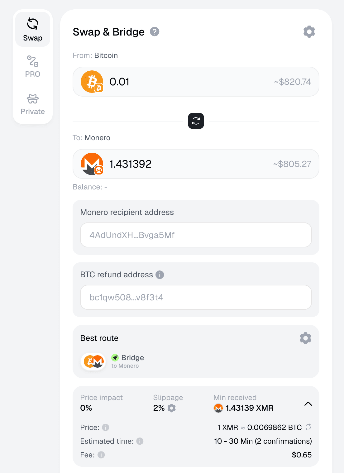 Symbiosis: 0.01 BTC to 1.431392 XMR with fields for a Monero recipient address and a BTC refund address, estimated 10 to 30 minutes