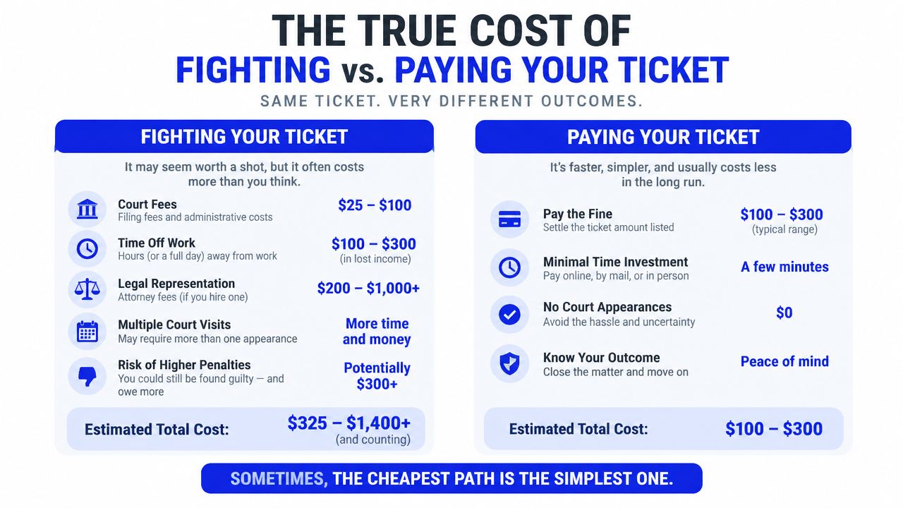 A comparison chart showing the estimated financial costs of fighting a traffic ticket versus paying it.