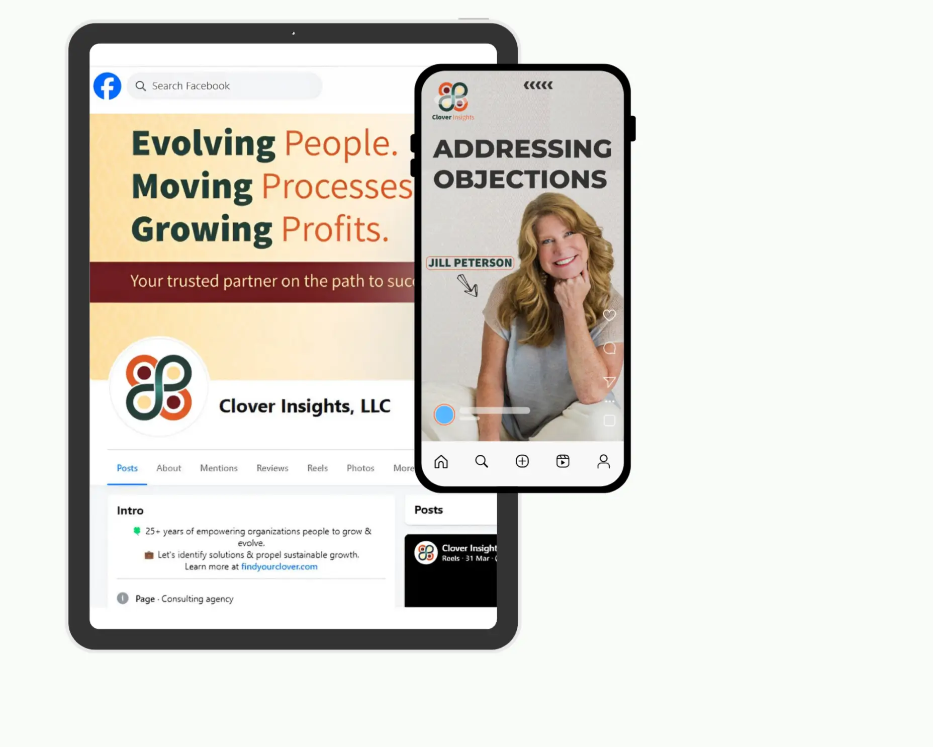 Clover Insights LLC consulting services and Jill Peterson shown on tablet and phone.