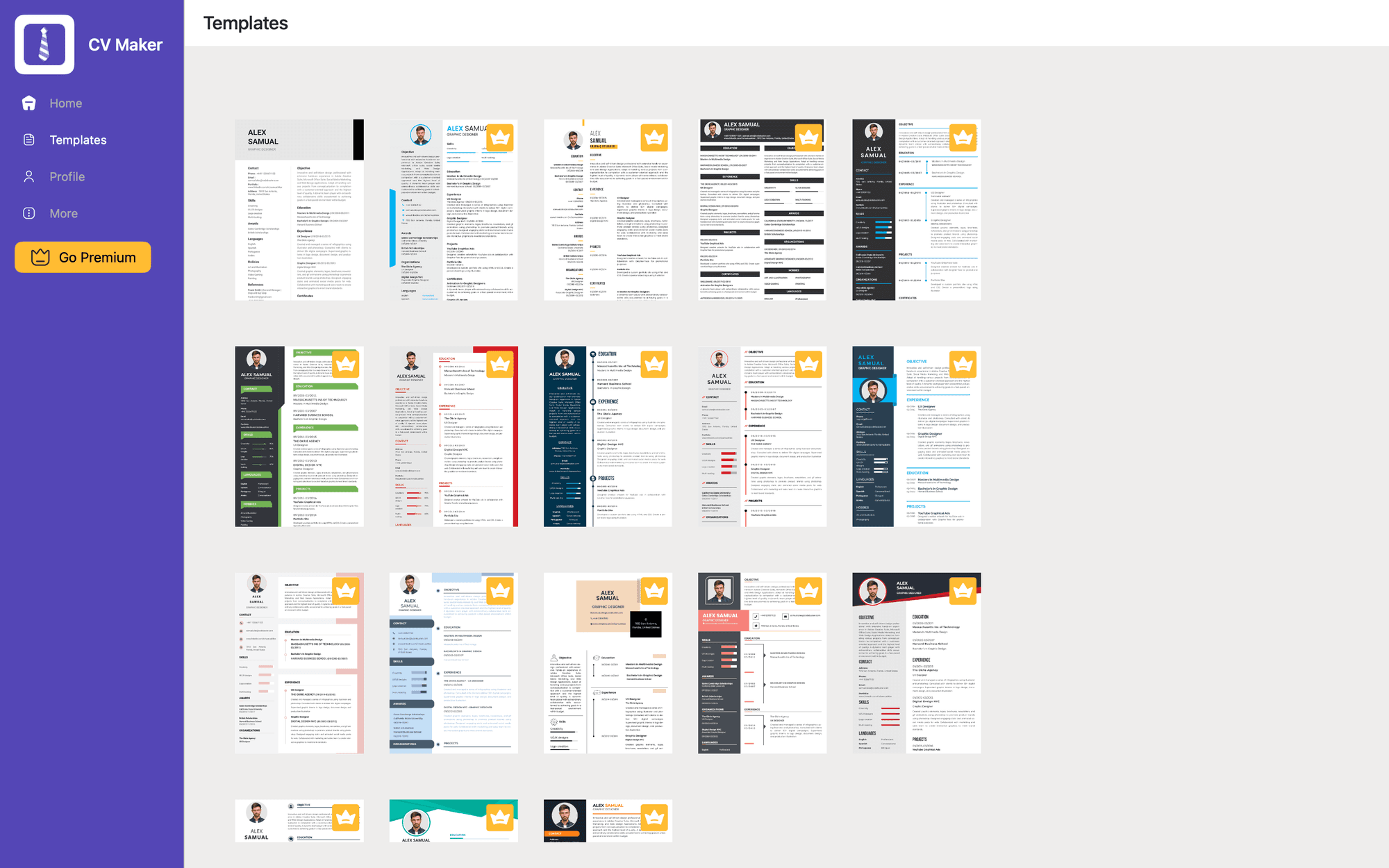 Screenshot from the "CV Maker - Resume Builder" macOS app showcasing their resume templates.