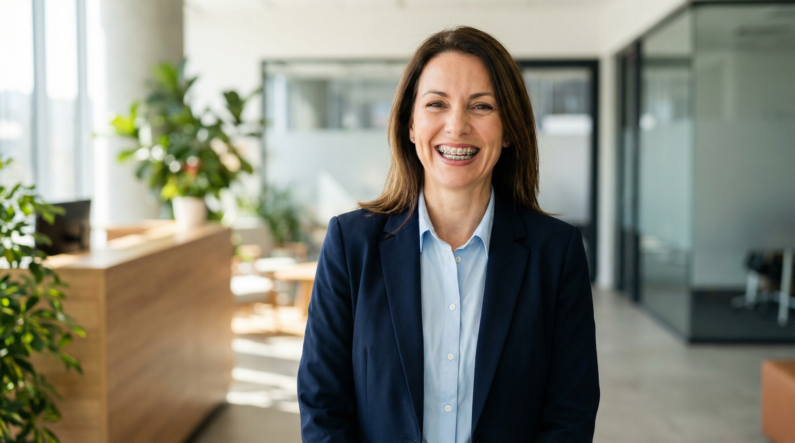 Adult patient confidently smiling while wearing traditional braces, showing empowerment and positive orthodontic experience