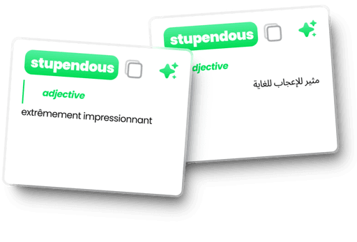 JarGone extension screenshots describing the meaning of the word "stupendous" in French and Arabic languages.