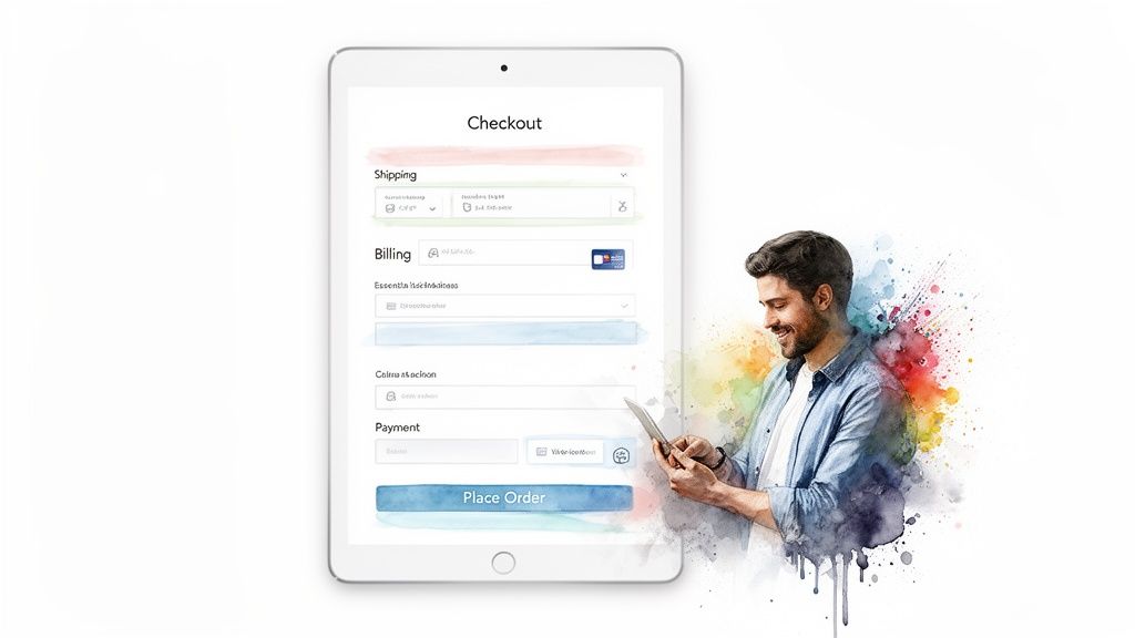 A smiling man using a tablet to complete an online e-commerce checkout form.