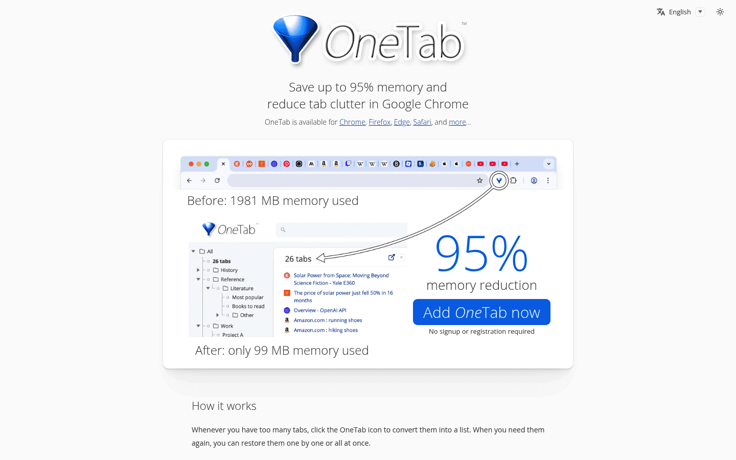 OneTab homepage screenshot