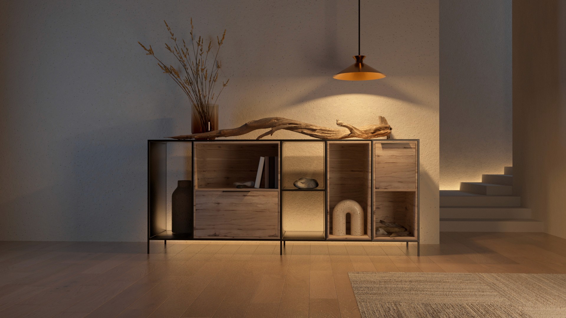 Interior rendered scene of a cabinet with decorative elments on it at night time with warm lights