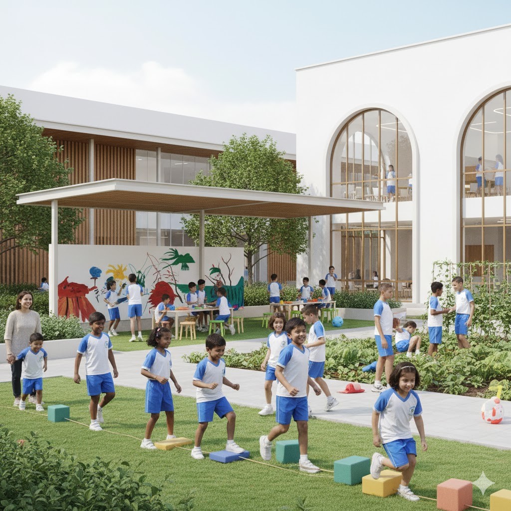 A school building stands against the backdrop of a clear sky