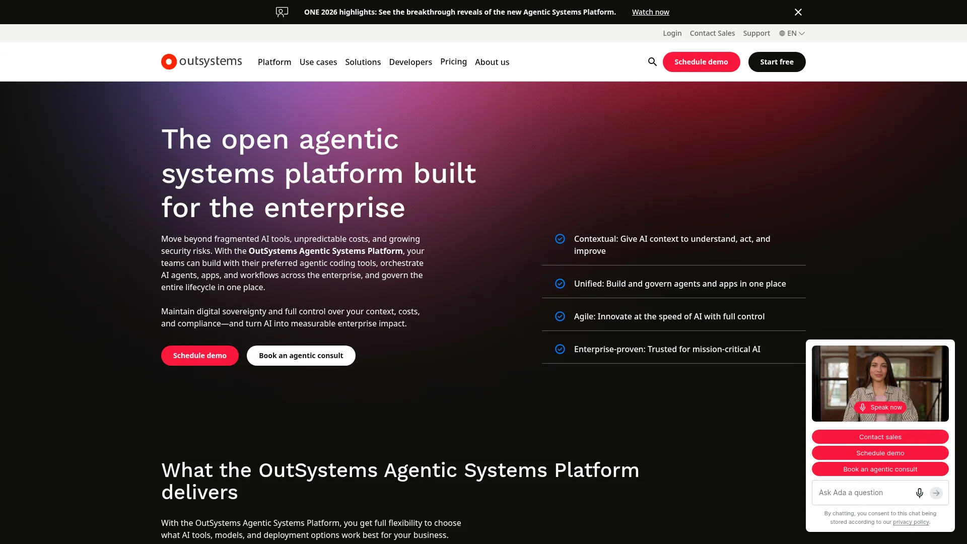 OutSystems low-code software for creating mobile apps, showing the enterprise platform homepage