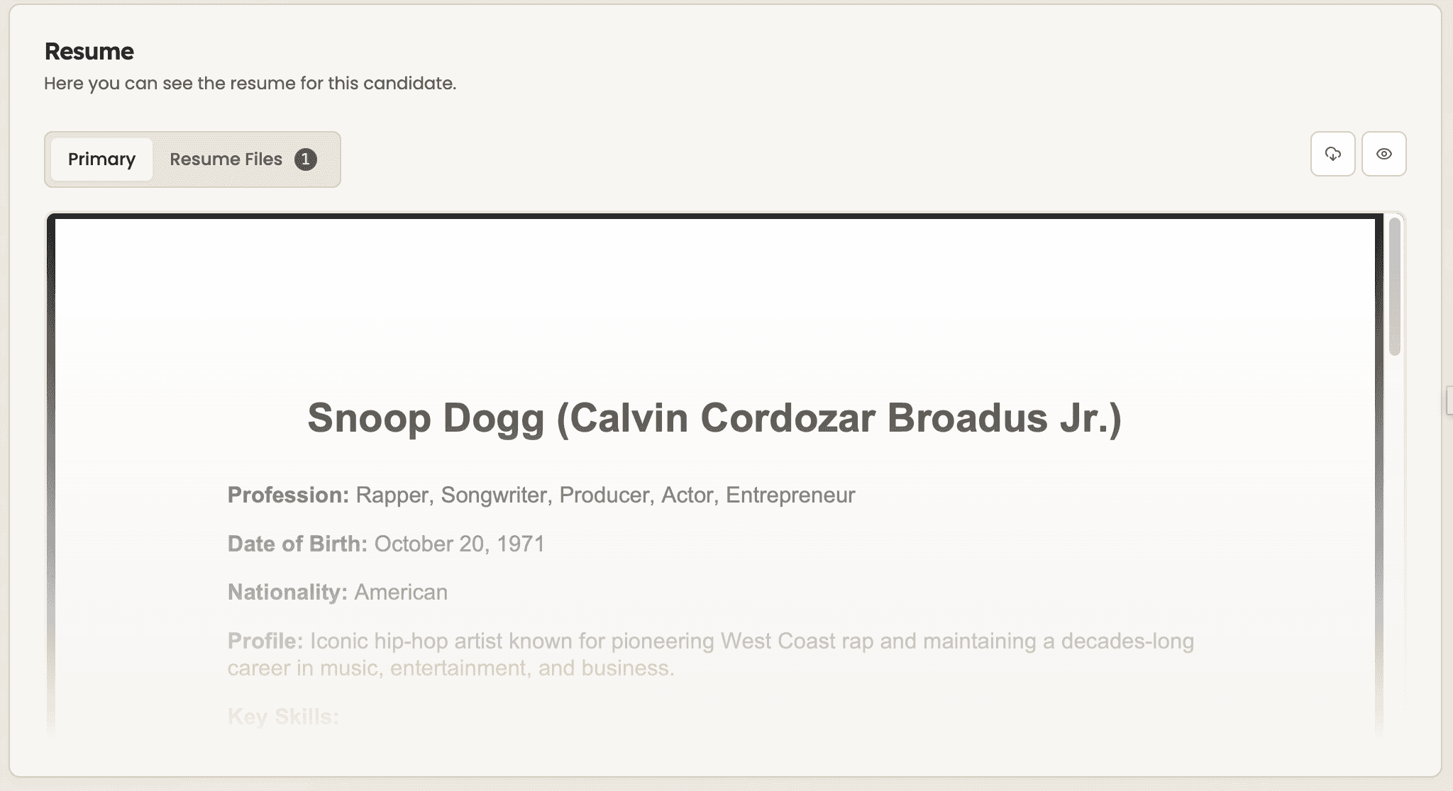 Uploas resume in candidate profile