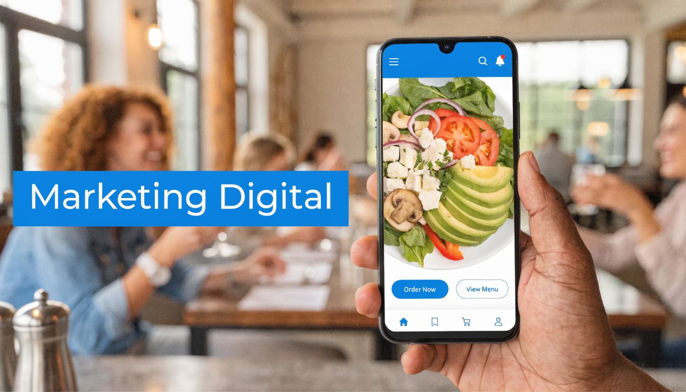 Una mano sosteniendo un teléfono inteligente que muestra un pedido de comida saludable en un restaurante.