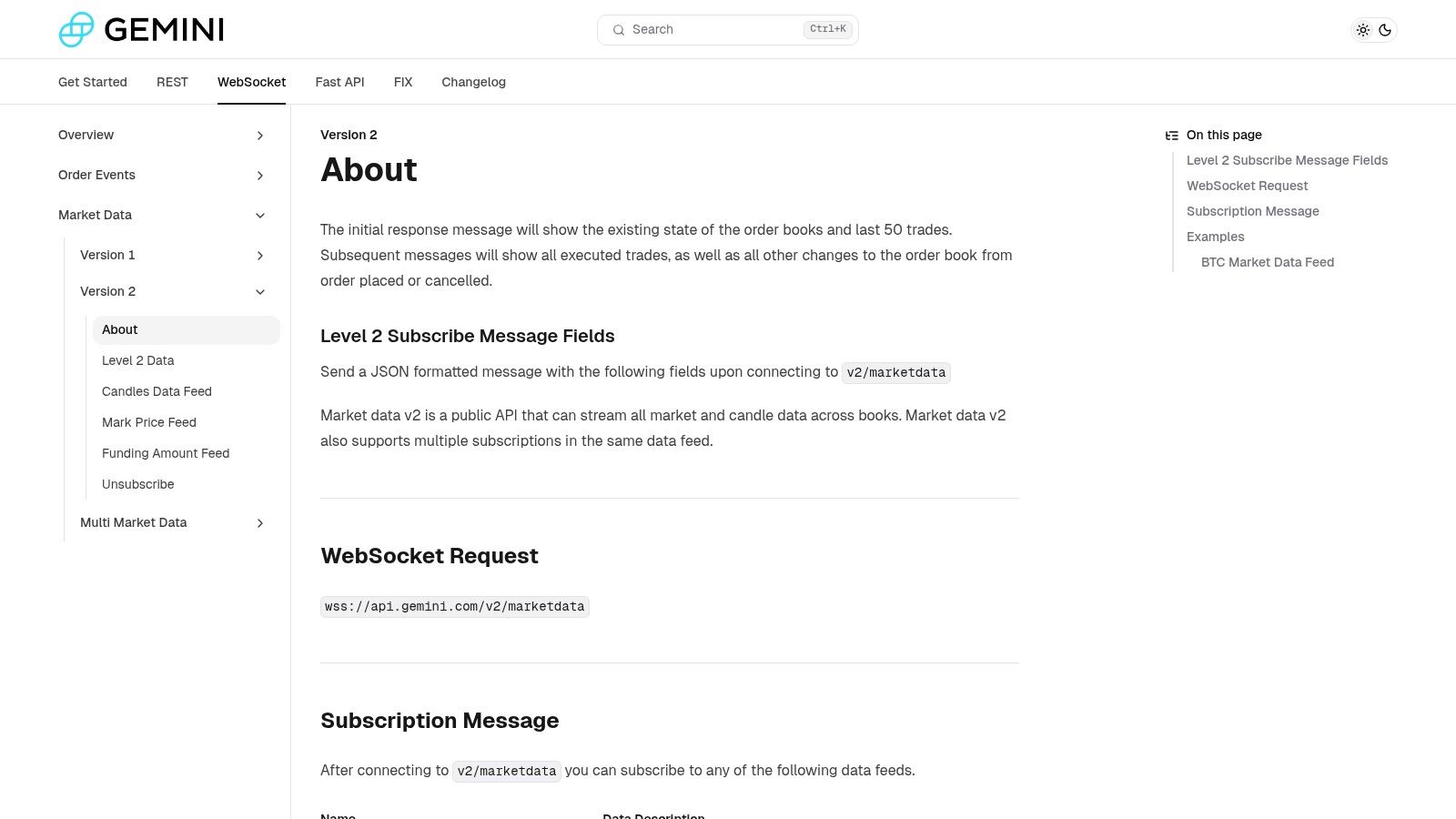 Gemini — Market Data WebSocket