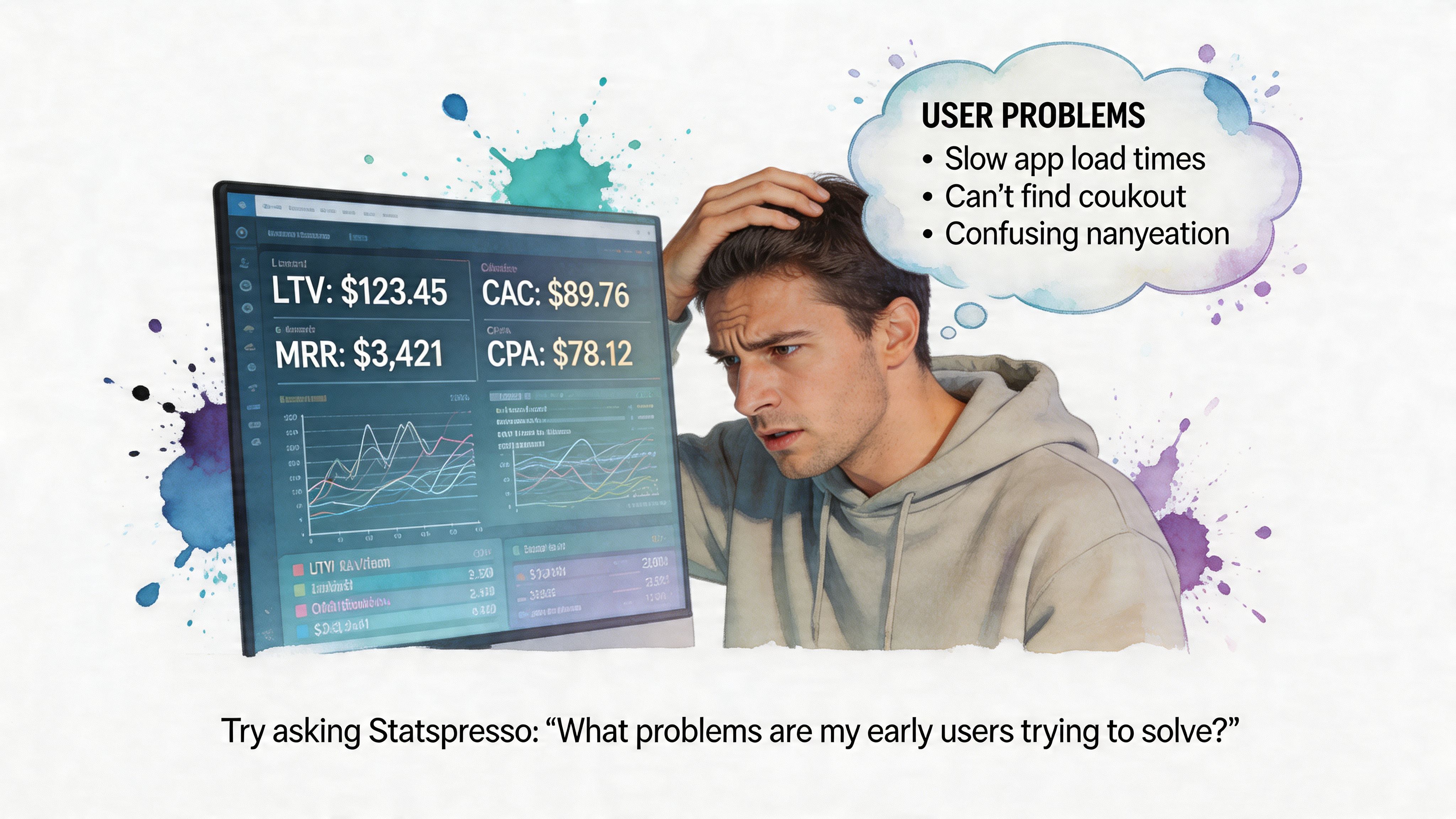 A frustrated user looking at an analytics dashboard on a screen, identifying key startup software performance problems.