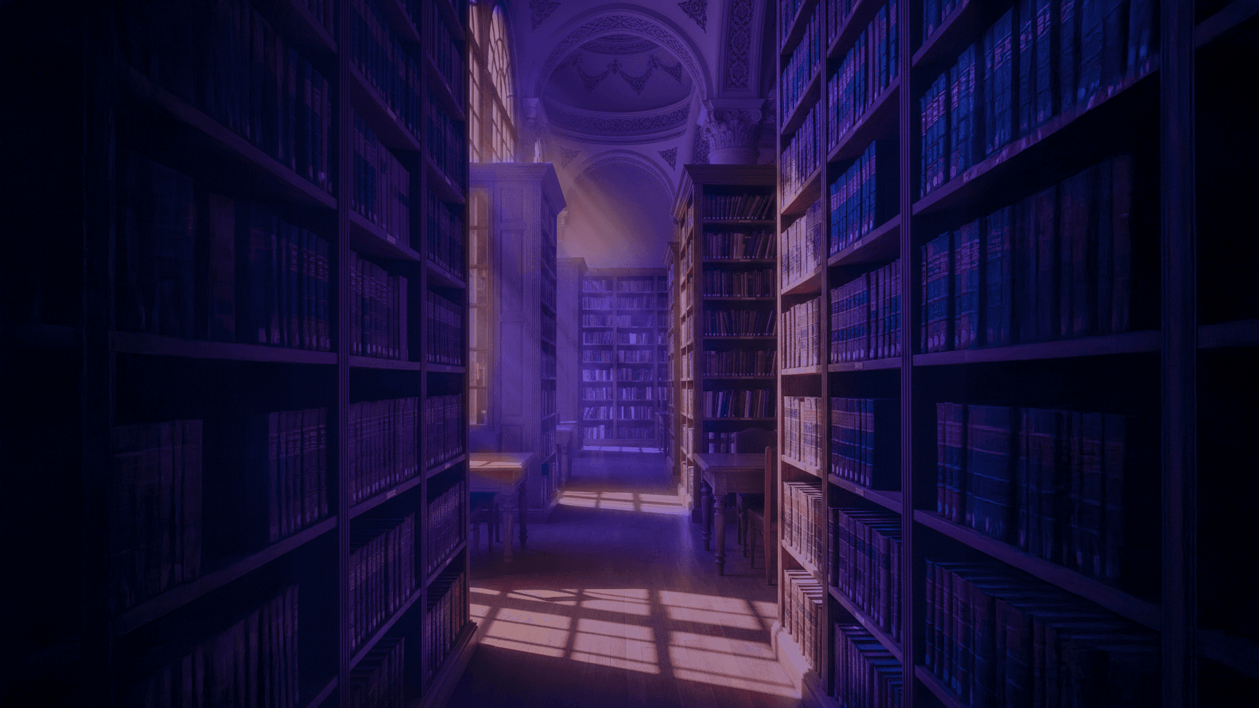 Klasik mimariye sahip, loş ve gizemli bir kütüphanede rafları ve masaları aydınlatan gün ışığı.