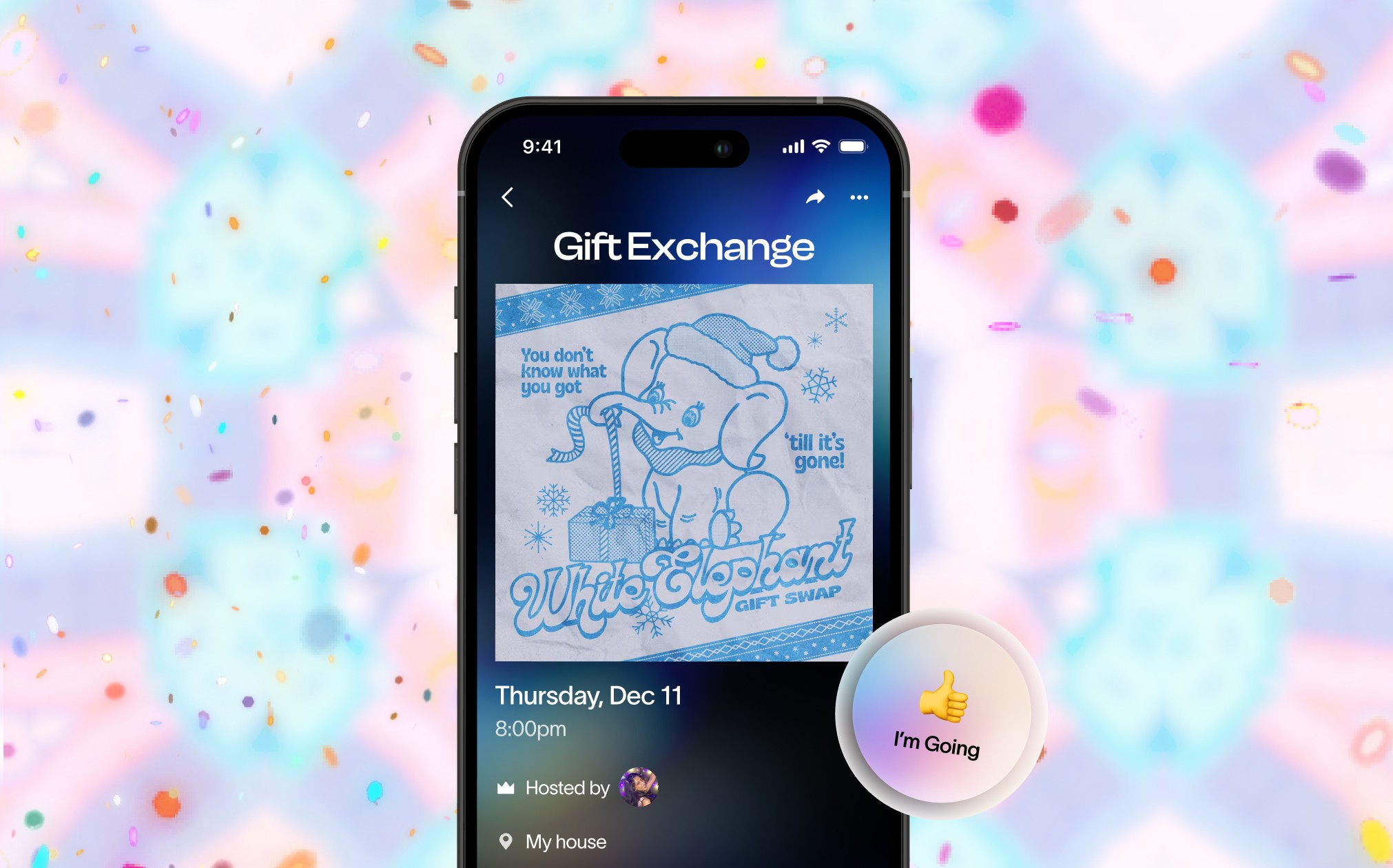 Smartphone showing a Partiful event page for a White Elephant gift exchange with a festive confetti background