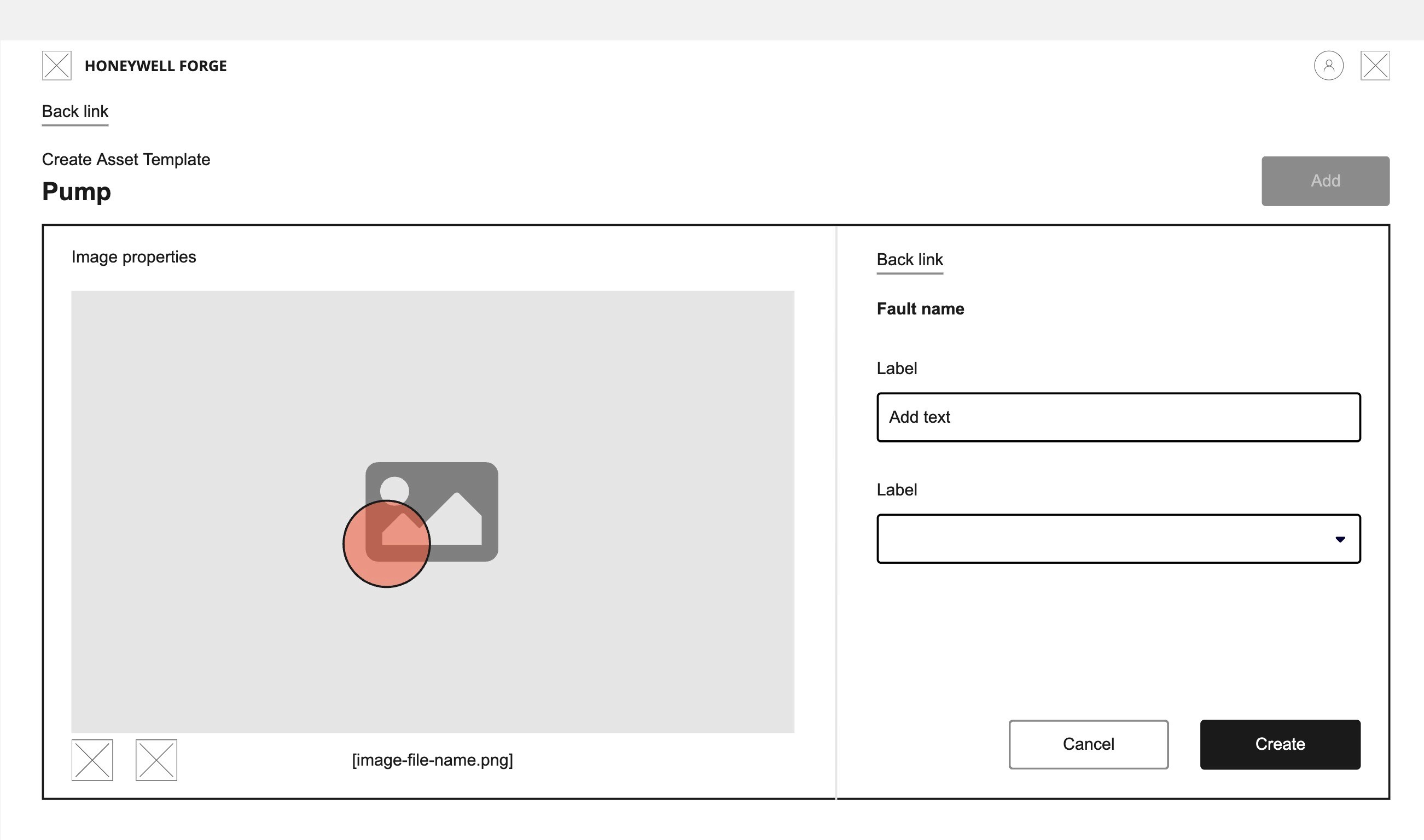 Wireframe of the image properties with a form for a fault overlay