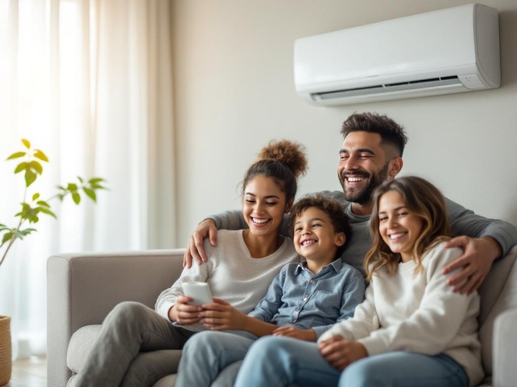 Happy family relaxing on a couch in their living room, using a smartphone.