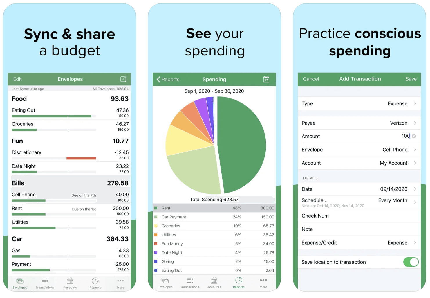 Goodbudget app screenshots showing envelope budget categories, a spending report chart, and an add transaction screen.