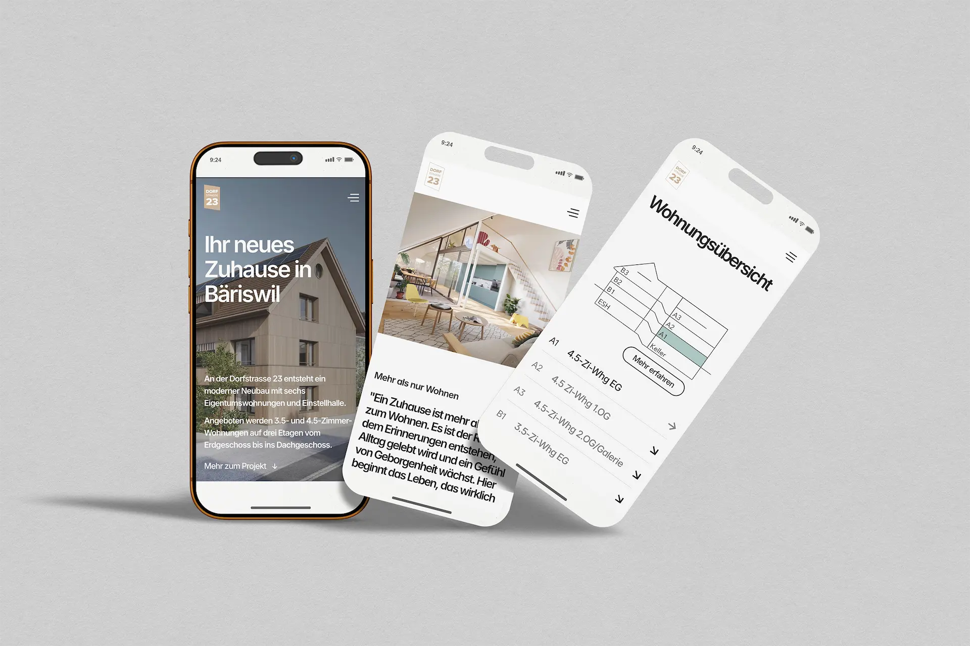 Immobilien Projektseite Bäriswil auf mehreren Smartphones präsentiert.