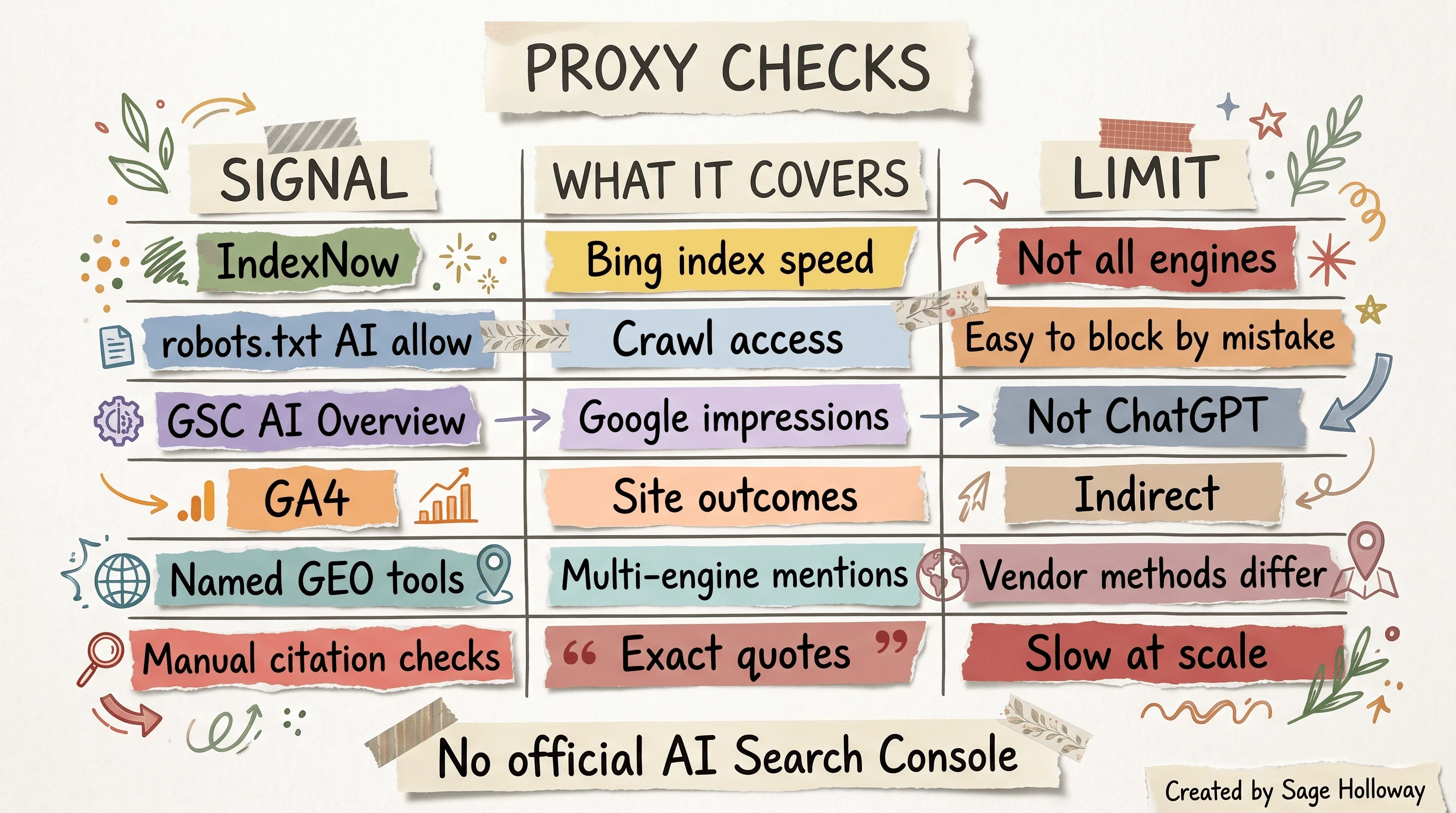Table of multi-engine LLM visibility proxies including GSC AI Overview, GA4, and named audit tools