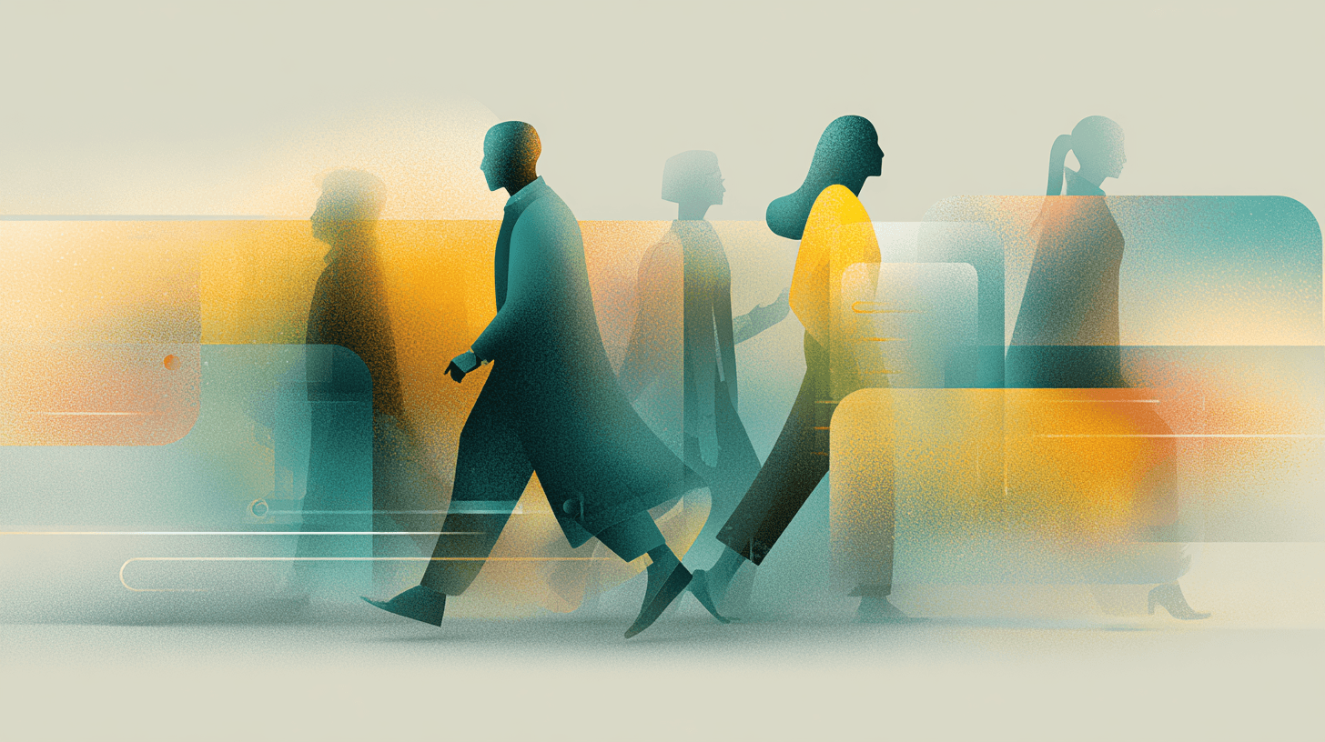 Ilustración abstracta de personas caminando entre capas translúcidas en tonos cálidos y turquesa, simbolizando las distintas etapas del viaje del usuario y cómo el diseño guía su avance a través de un sitio web.
